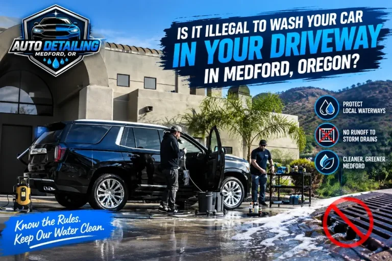 Washing a car in a driveway in Medford, Oregon with water runoff near a storm drain