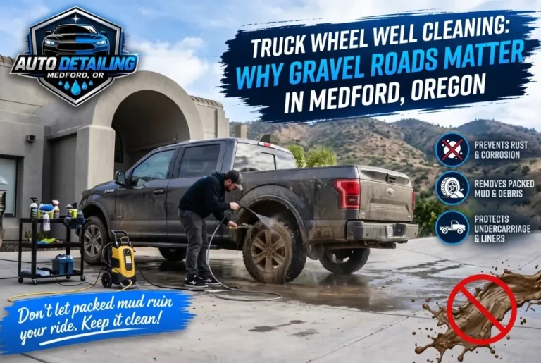 Professional truck wheel well cleaning on a muddy pickup truck after gravel road driving in Medford, Oregon, using a pressure washer and detailing brushes.