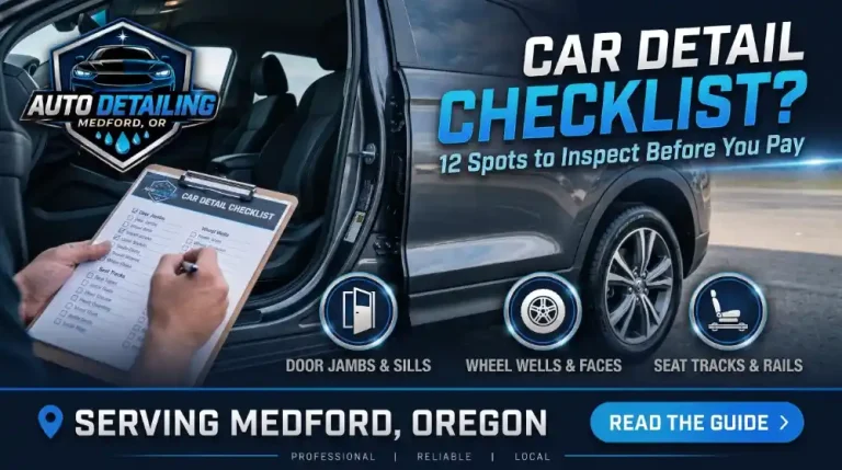 Person using a car detail checklist to inspect a door jamb on a freshly detailed car in Medford