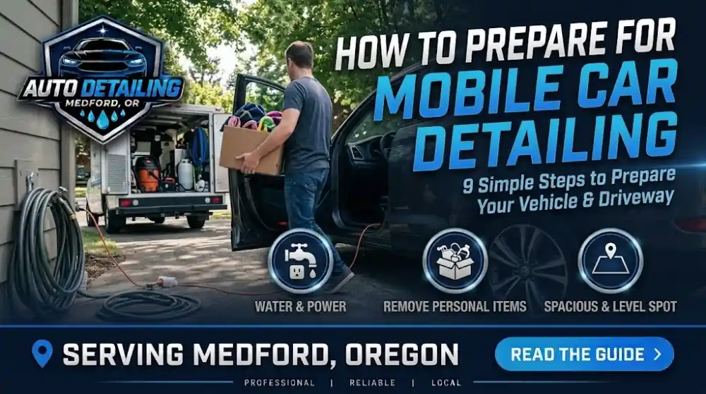 Car parked on a level driveway with a hose ready, showing how to prepare for mobile car detailing in Medford