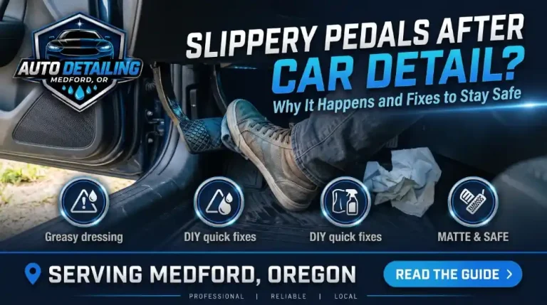 Driver checking for slippery pedals after car detail by pressing a clean pedal in a Medford car