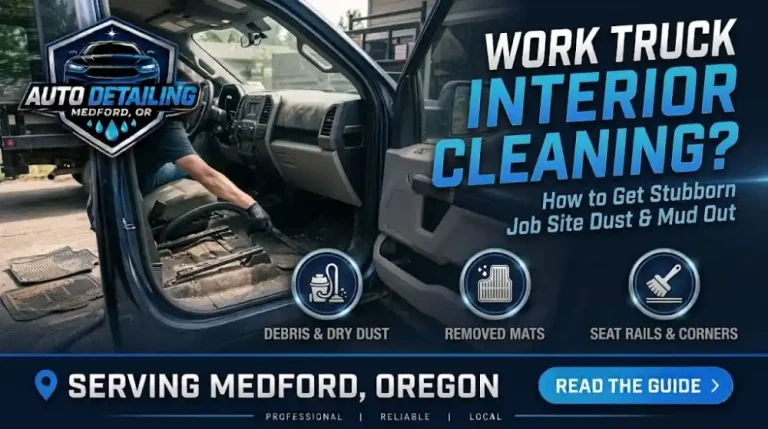 Work truck cab with floor mats removed for work truck interior cleaning after a Medford job site