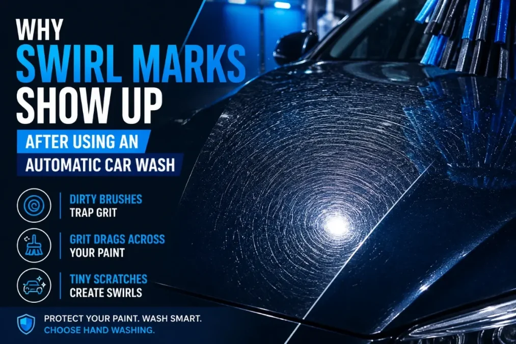 Swirl marks on dark blue car paint after an automatic car wash