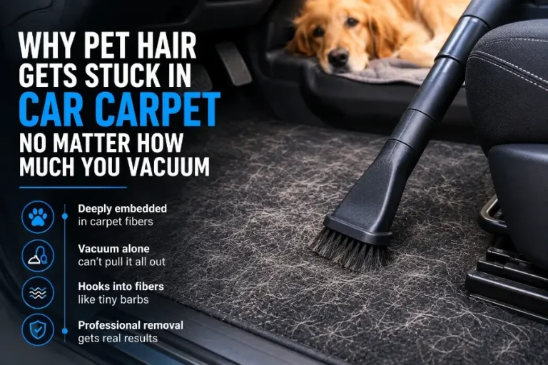 Pet hair embedded in car carpet after vacuuming